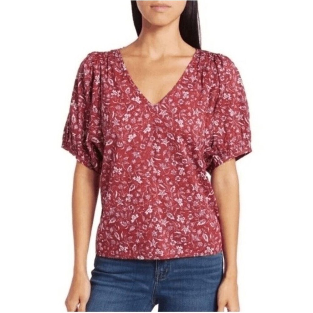 Madewell V-Neck Puff‎ Sleeve Top in Batik Vine Weathered Brick Sz S Peasant Top